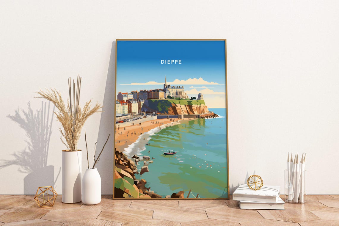 Dieppe France Beach Cliffside White Cliffs Town Seaside Travel Poster