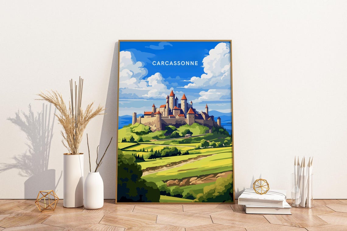 Carcassonne France Medieval Walled Castle Hill Retro Travel Poster