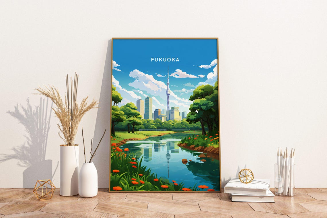Fukuoka Japan Tower Park River Blossoms Cityscape Travel Poster