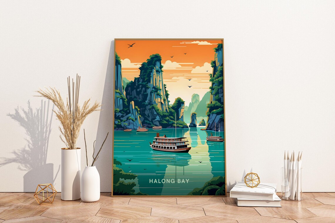 Halong Bay Vietnam Karst Islands Cruise Ship Orange Sunset Poster