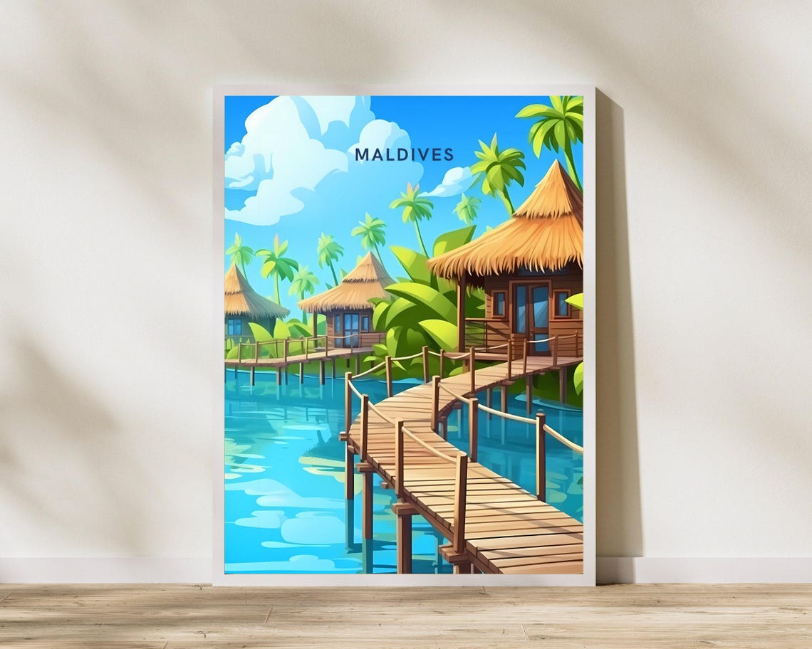 Maldives Overwater Bungalows Turquoise Lagoon Tropical Travel Poster