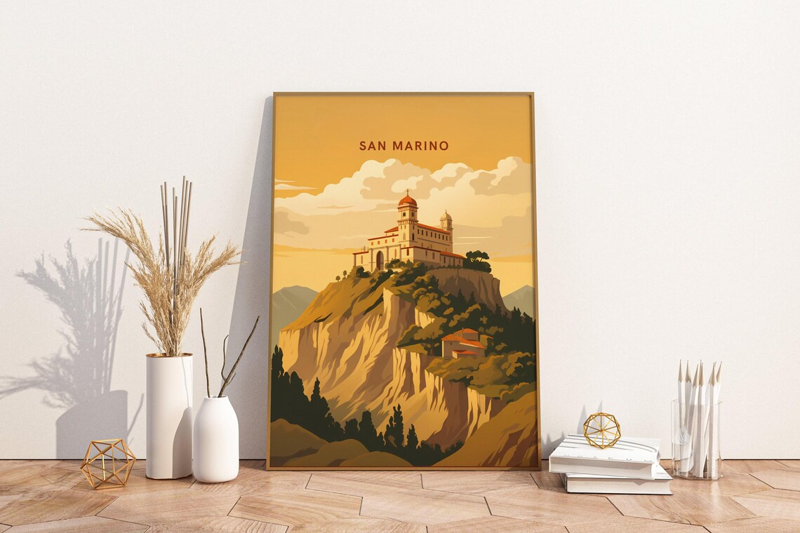 San Marino Hilltop Fortress Tower Golden Sunset Travel Poster