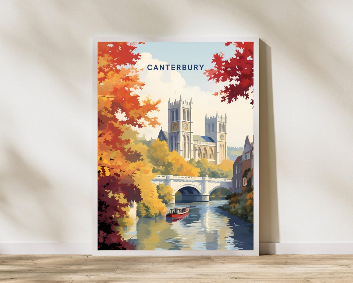 Canterbury England Cathedral Autumn River Scene Travel Poster