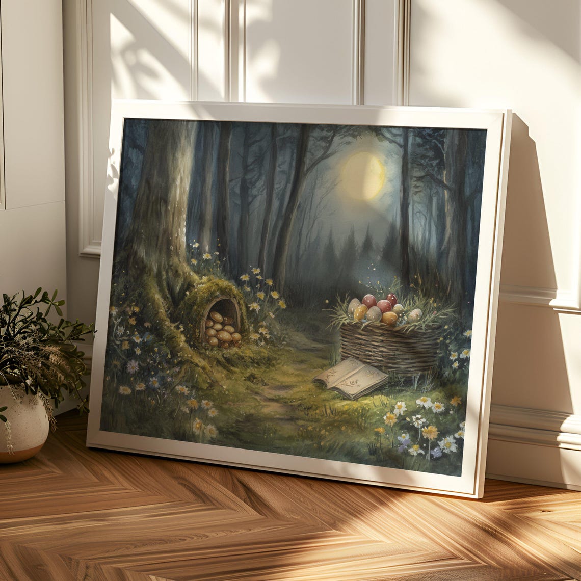 Moonlit Easter Forest With Painted Egg Basket Whimsical Poster - Image 2