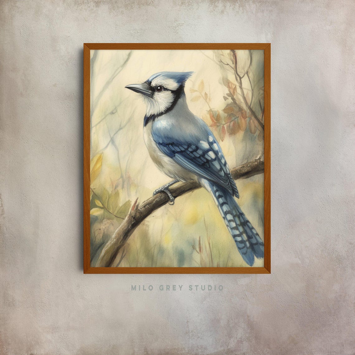 Blue Jay Perched On A Branch Vivid Watercolor Bird Artwork Poster