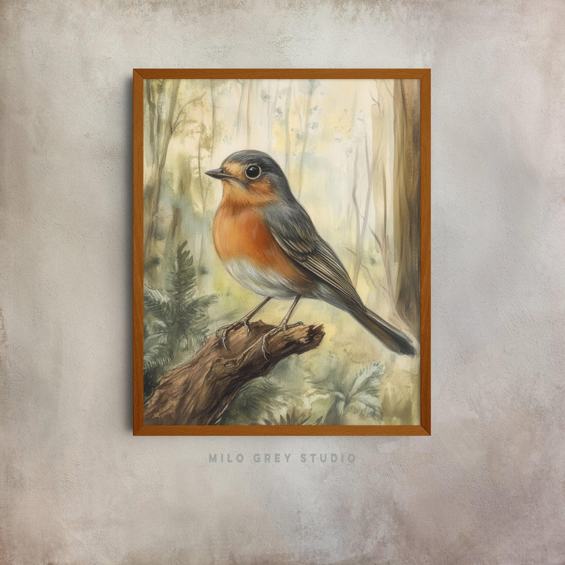 European Robin In Misty Forest Setting Watercolor Bird Poster