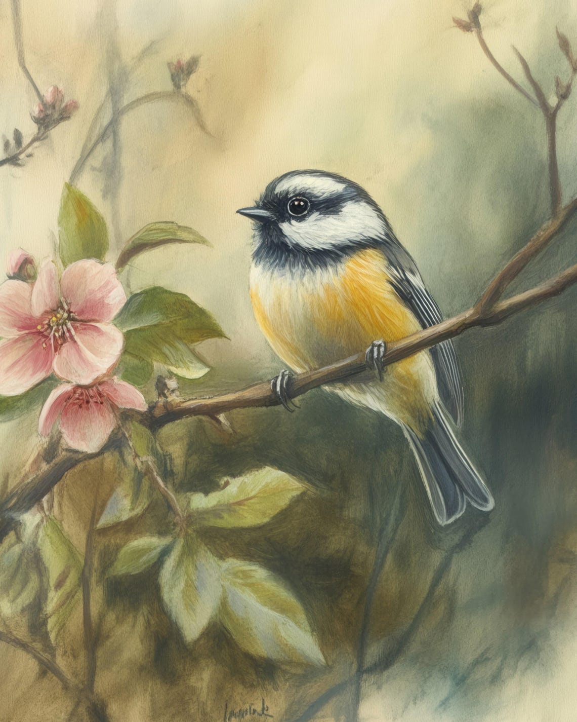 Blue Tit On Branch With Pink Blossoms Watercolor Bird Poster - Image 3