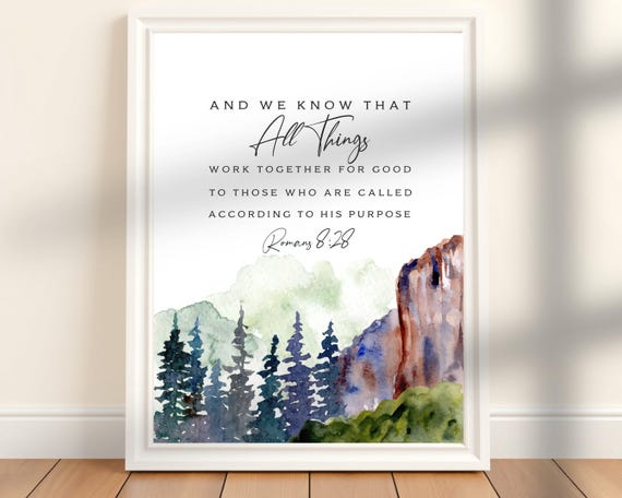 Romans 8:28 Watercolor Rustic Mountain Landscape Art Print