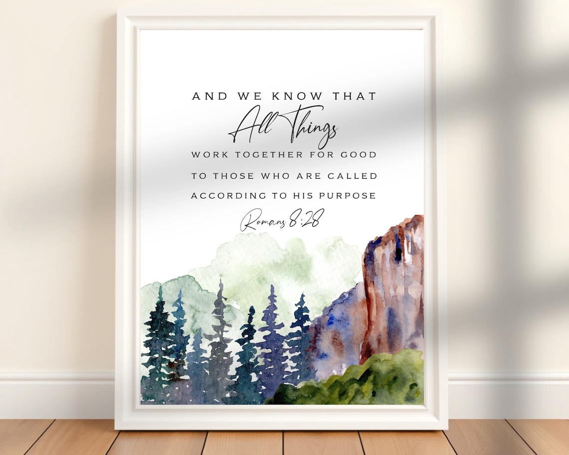 Romans 8:28 Watercolor Rustic Mountain Landscape Art Print