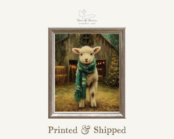 Vintage Lamb Christmas Art Print, Rustic Farmhouse