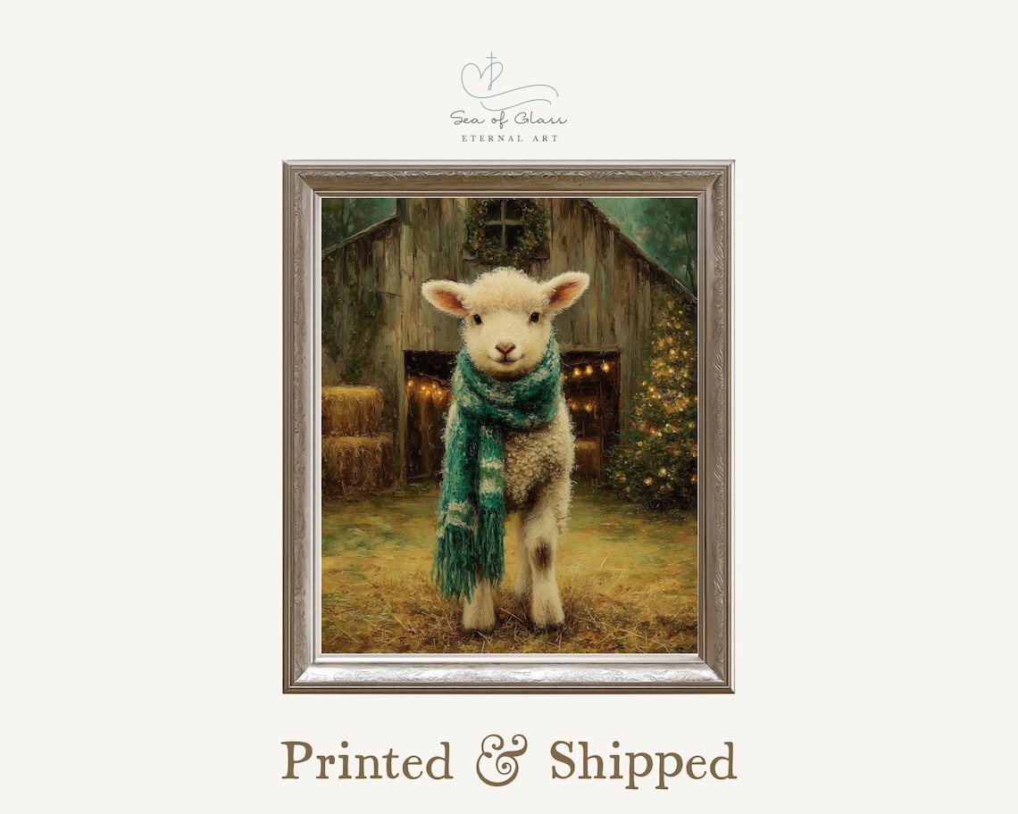 Vintage Lamb Christmas Art Print, Rustic Farmhouse