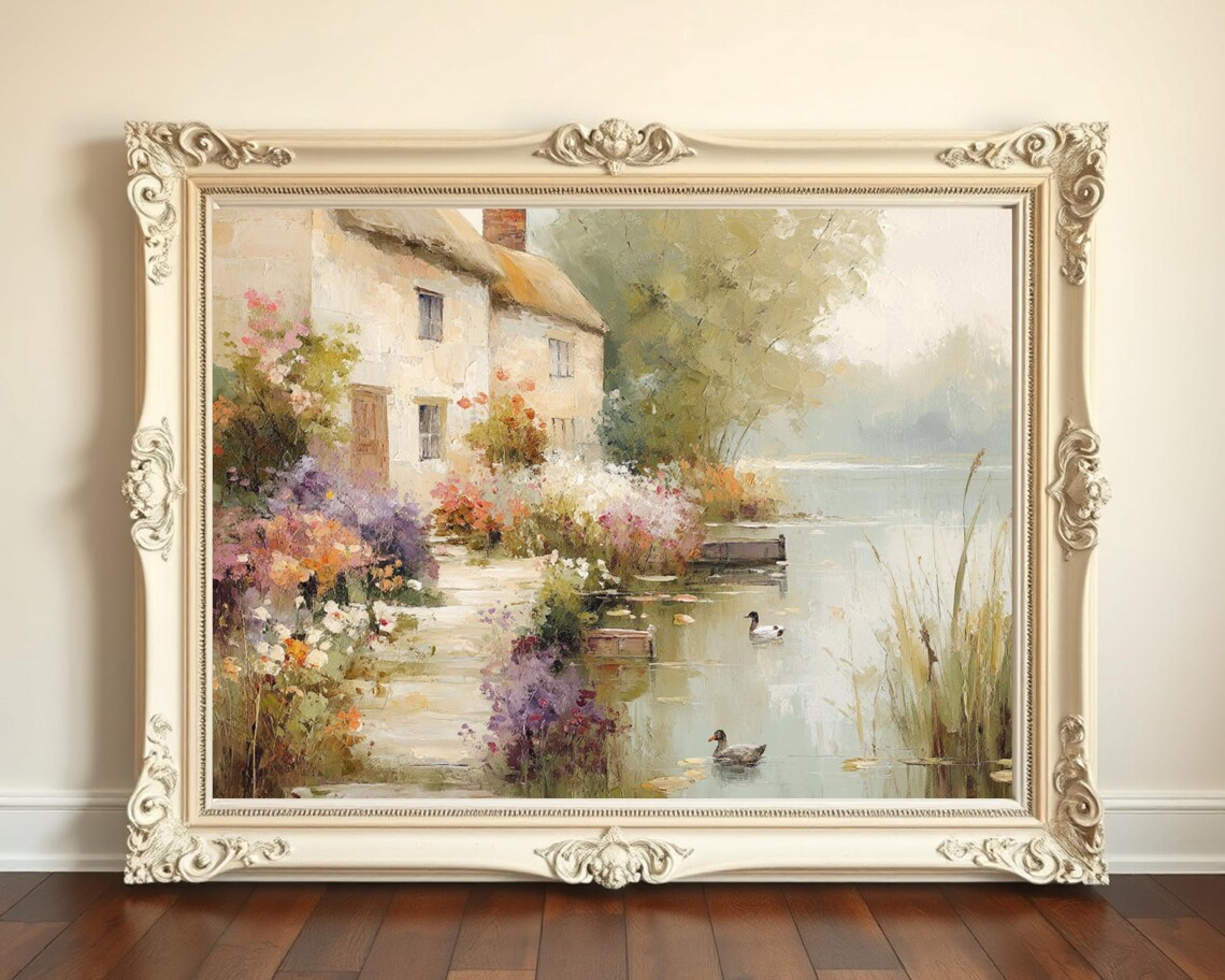 Thatched Cottage Lakeside Duck Wildflower Vintage Landscape Art Print