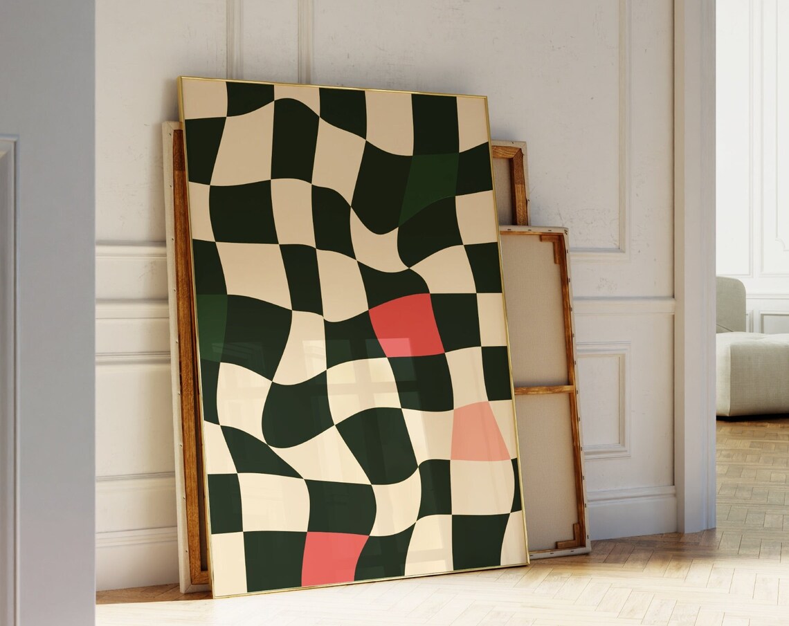 Retro Checkered Abstract Geometric Wall Art Print