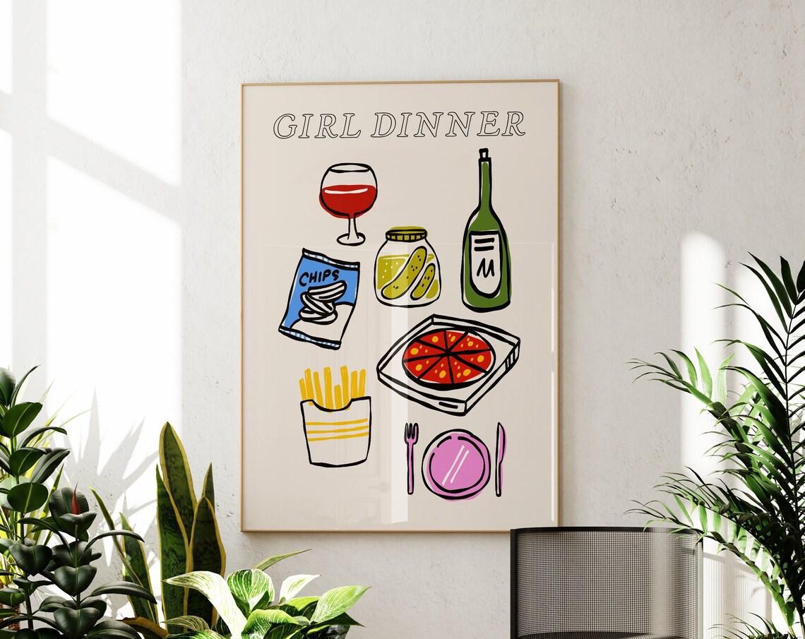 Girl Dinner Hand Drawn Snacks Funny Colorful Kitchen Wall Poster