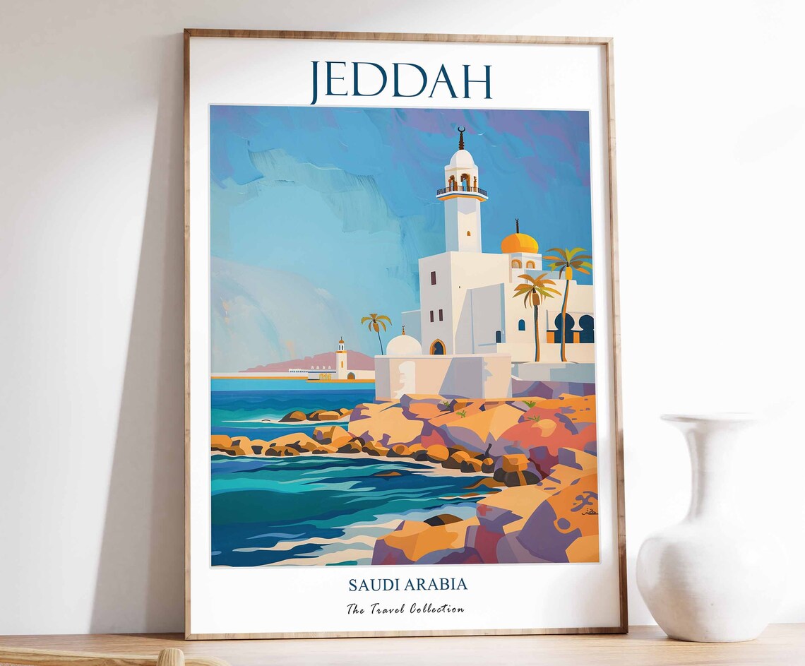 Jeddah Saudi Arabia Coastal Mosque Rocky Shore Travel Poster