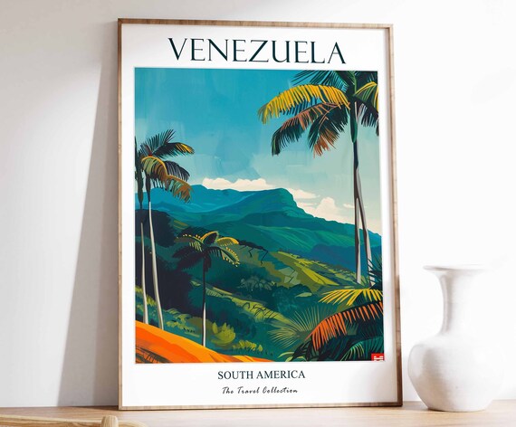 Venezuela Tropical Palm Trees Green Mountain Travel Art Poster