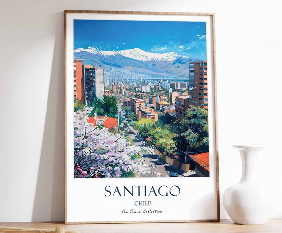 Santiago Chile Cityscape Blossom Trees Snowy Mountains Travel Poster