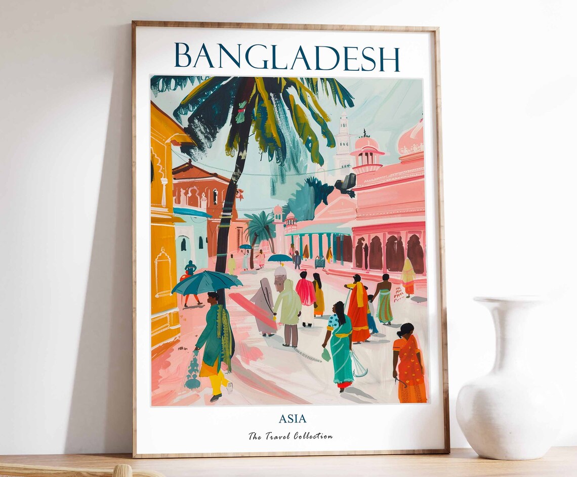 Bangladesh Bustling Street Scene Tropical Asia Travel Poster