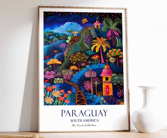 Paraguay Folk Art Tropical Jungle Church Night Travel Poster