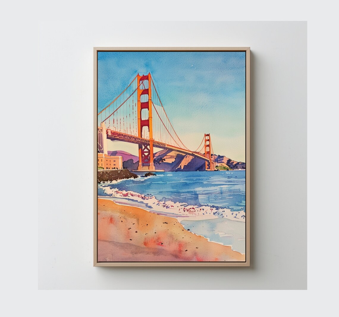 Golden Gate Bridge San Francisco Watercolor Bay Beach Art Poster