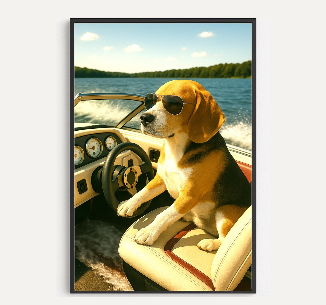 Beagle Driving Boat Funny Dog Portrait Sunglasses Lake Captain Poster