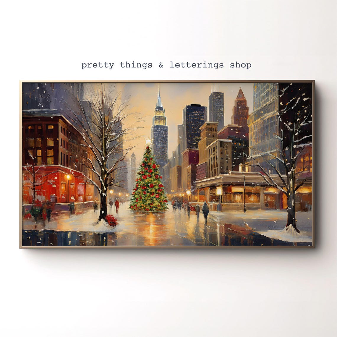 Snowy City Street Christmas Tree Skyscraper Winter Cityscape Poster