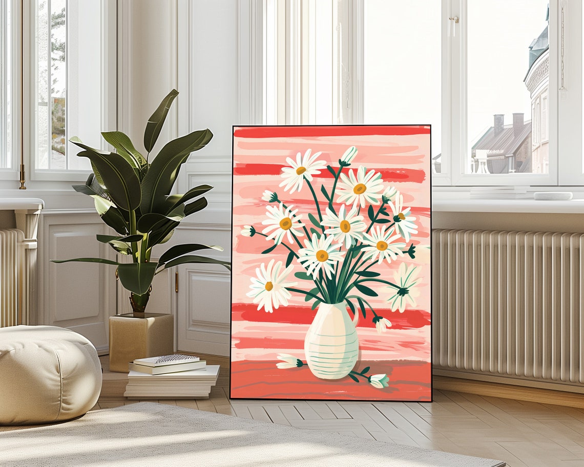 White Daisies in Vase Coral Brushstroke Botanical Floral Poster - Image 4