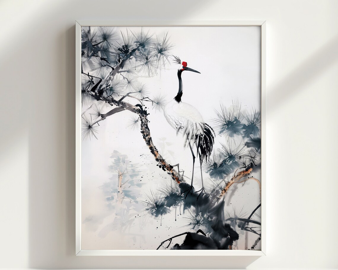 Red Crowned Crane Pine Branch Chinese Ink Painting Bird Nature Poster - Image 2