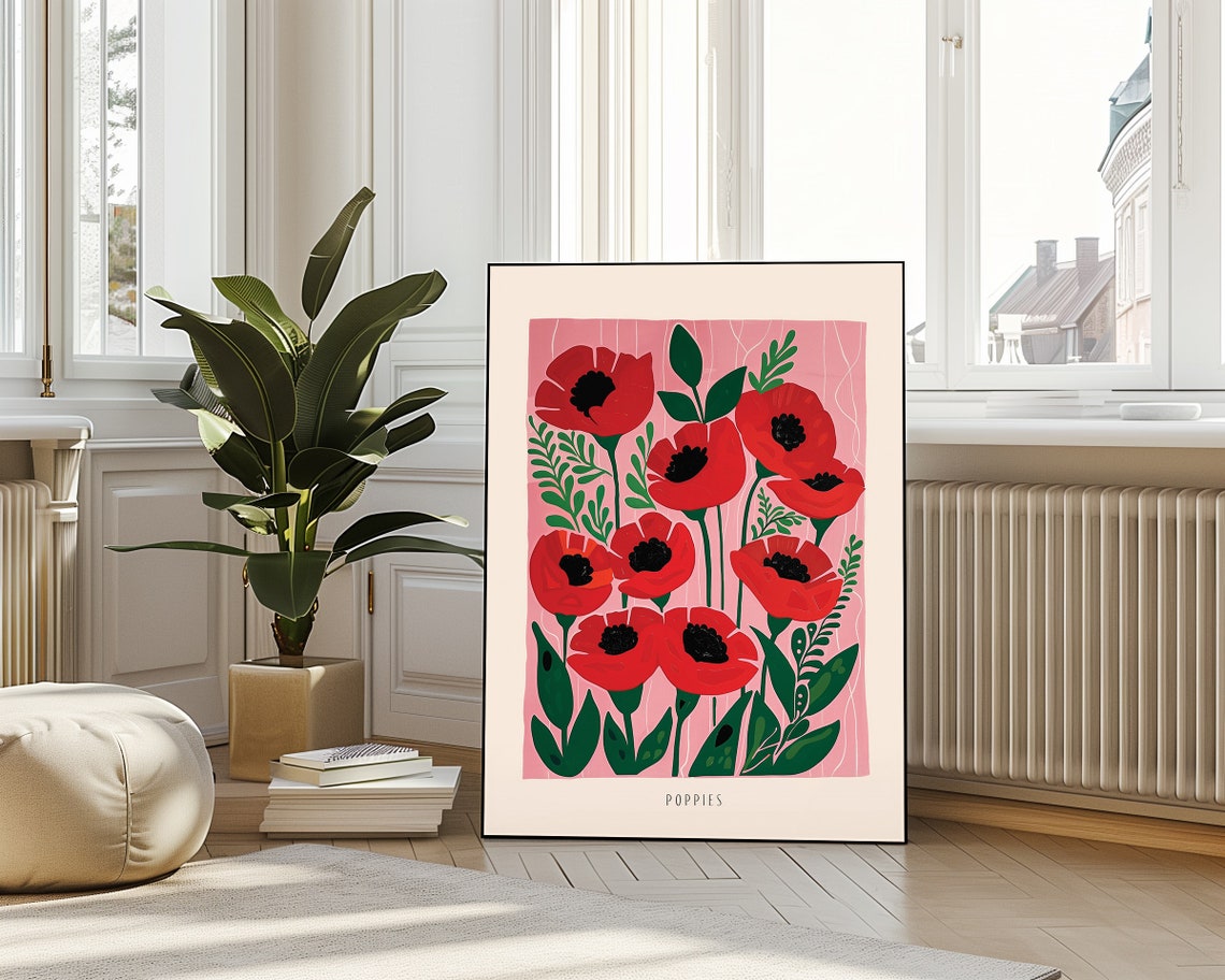 Red Poppies Botanical Flower Illustration Minimalist Wall Art - Image 4