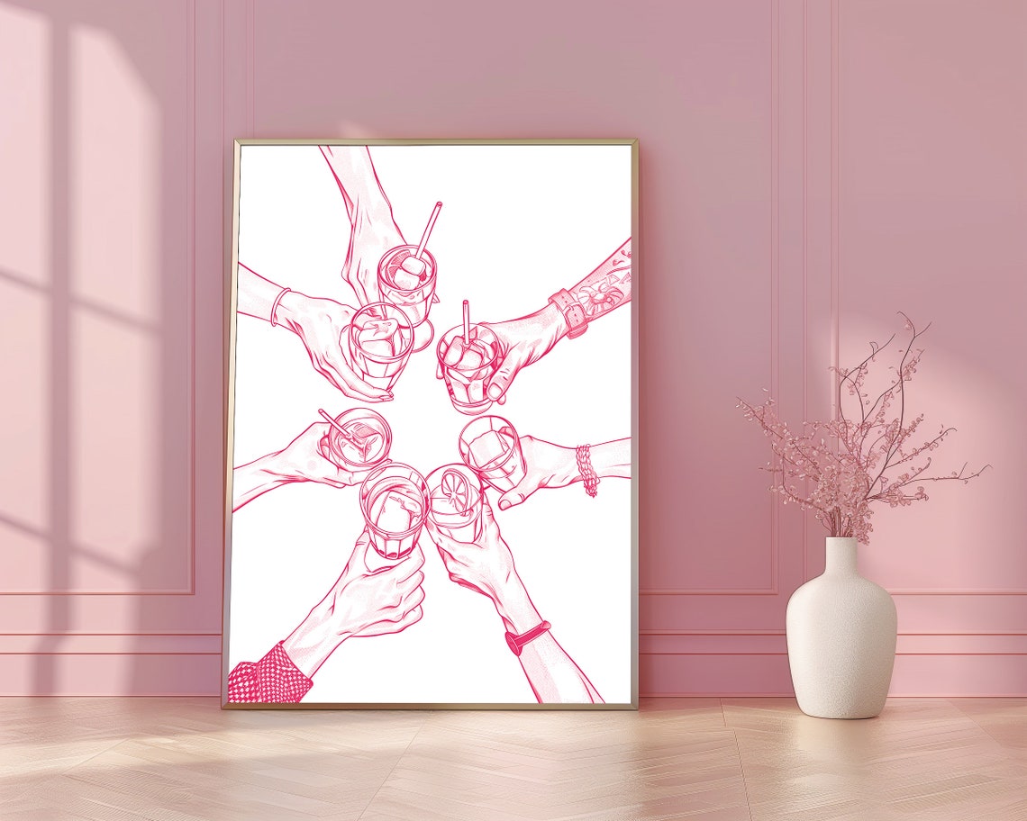 Cheers Hands Pink Cocktail Toast Friends Celebration Sketch Poster - Image 3
