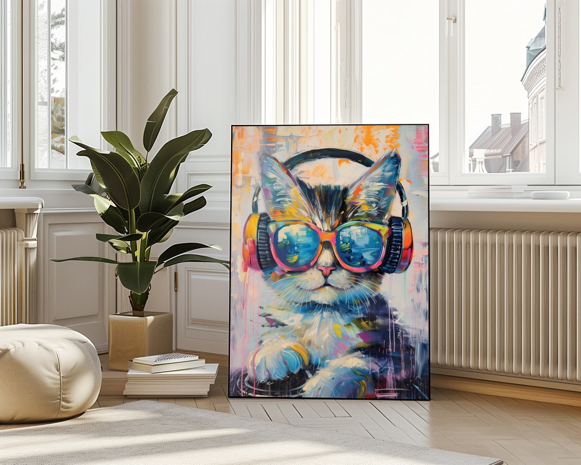 Sliver Tabby Dj Cat With Headphone Tabby Cat Poster Dj Cat Print Cat Funny Poster Funny Animal Print Vivid Oil Painting Cat Music Art - Image 4