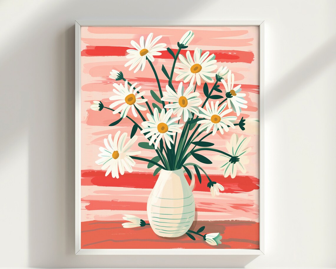 White Daisies in Vase Coral Brushstroke Botanical Floral Poster - Image 2