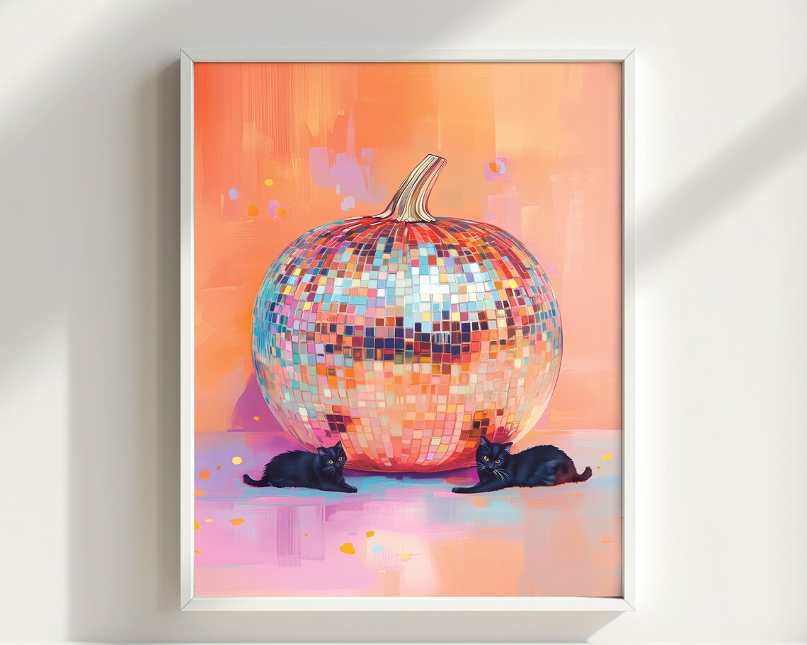 Rainbow Disco Ball Pumpkin Black Cats Halloween Glam Sparkle Fall Poster - Image 2