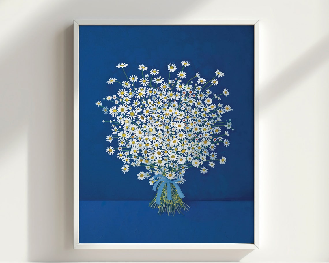White Daisy Bouquet Tied With Blue Ribbon Navy Background Wall Art - Image 2