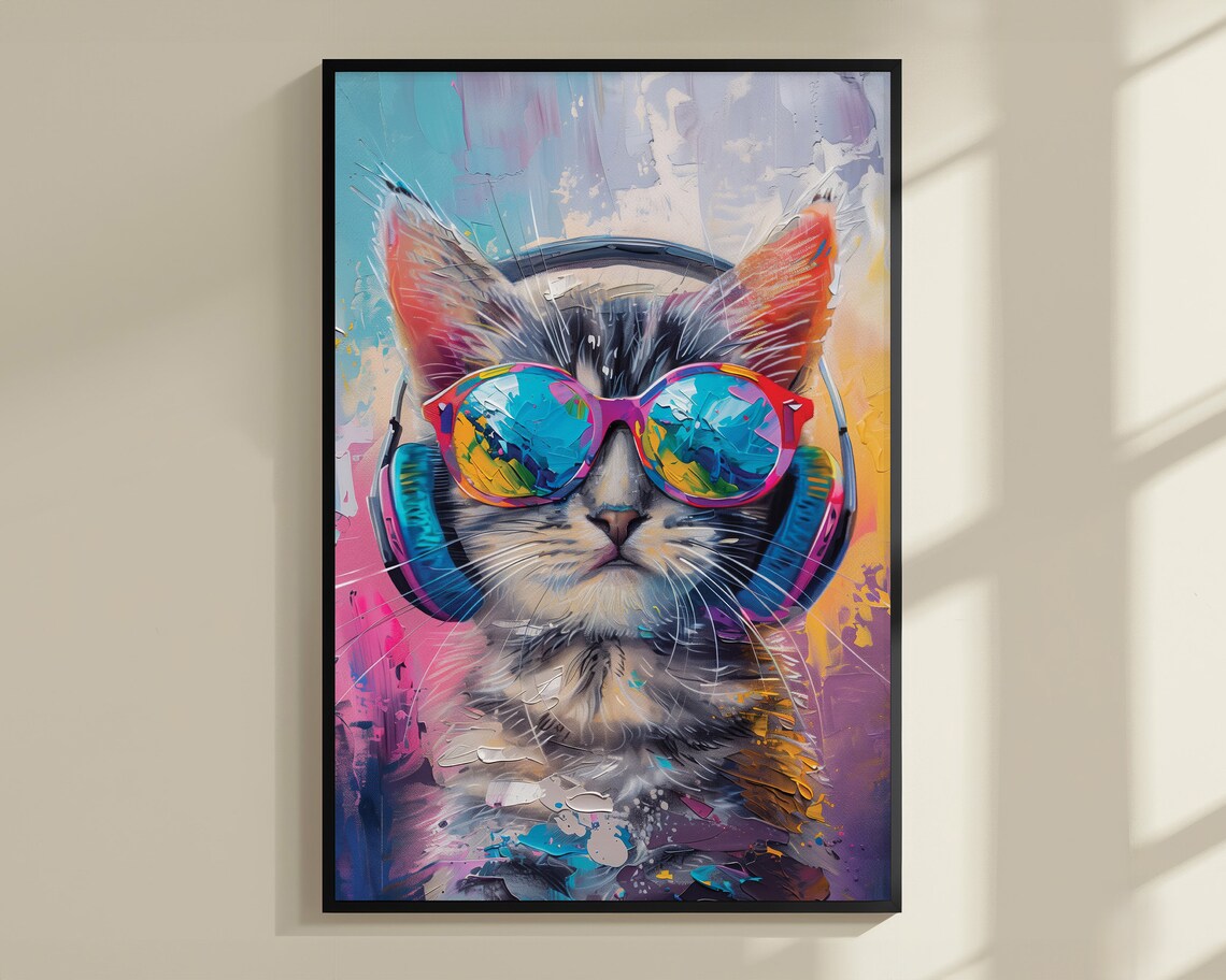 Sliver Tabby Cat With Headphone Tabby Cat Poster Cat Print Cat Funny Poster Funny Animal Print Vivid Oil Painting Cat Music Wall Art - Image 3