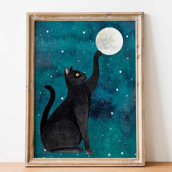 Black Cat Celestial Art Print, Mystic Moon Night Sky