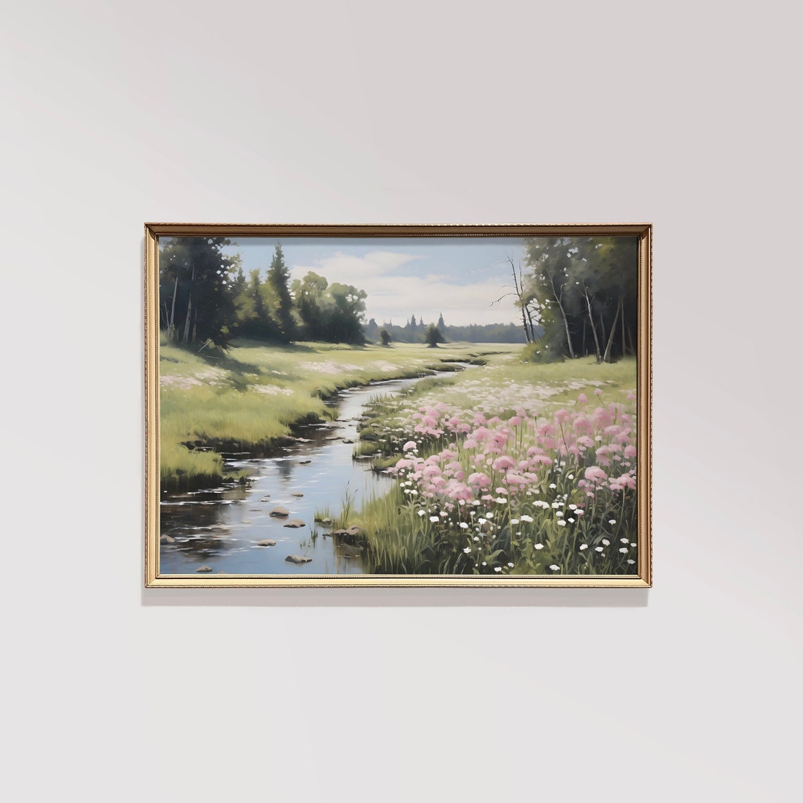Countryside Stream Through Pink Wildflower Meadow Vintage Print - Image 3
