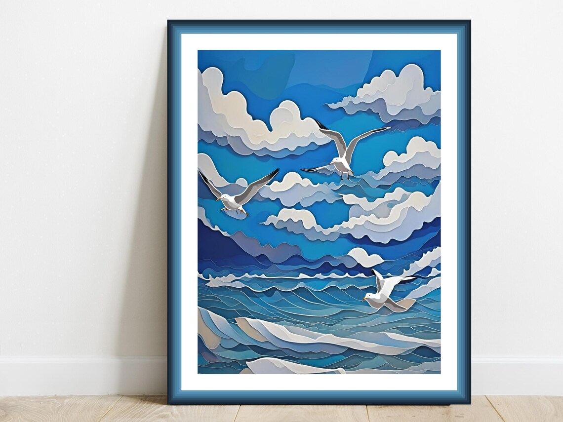 Seagulls Over Blue Ocean Waves Layered 3D Paper Cut Art Poster