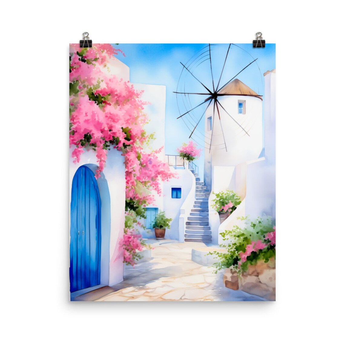 Mykonos Windmills Watercolor Travel Poster, Greece
