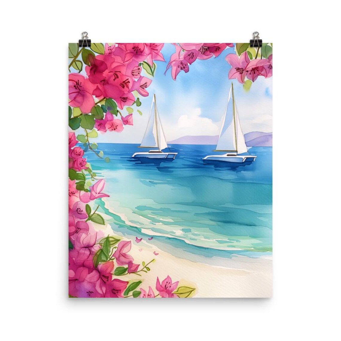 Twin Catamarans Anchored Under Pink Bougainvillea Watercolor Poster