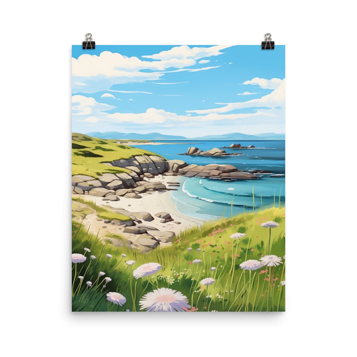Isle of Iona Rocky Shore with Daisies Watercolor Travel Poster