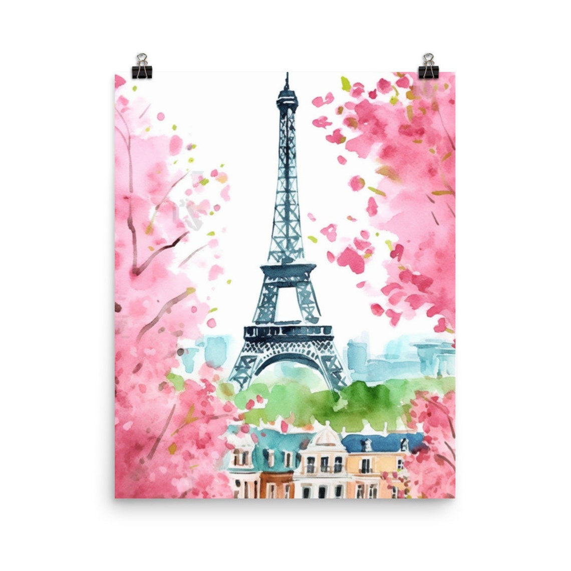 Eiffel Tower Framed by Pink Blossom Trees Watercolor Art Poster