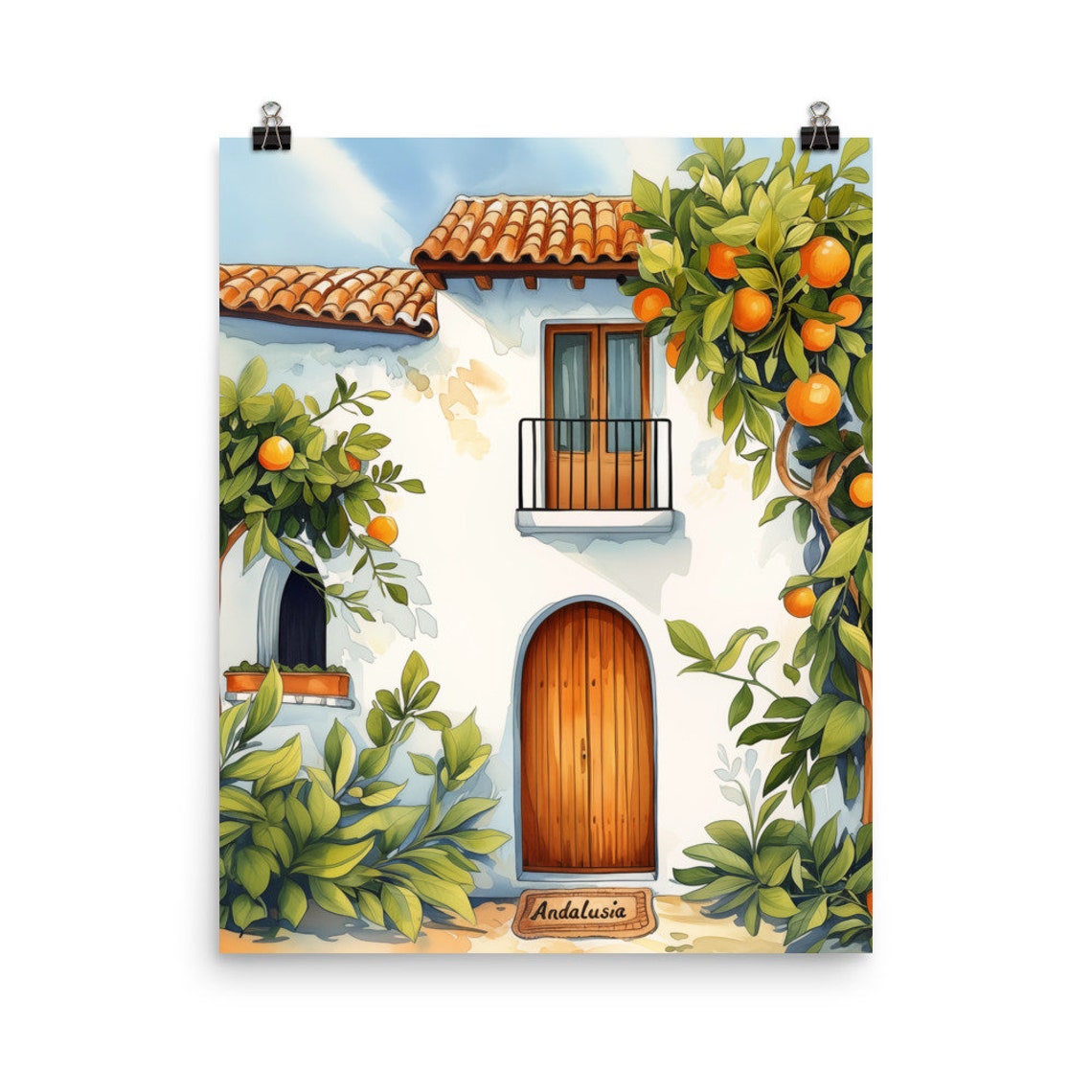 Andalusia Spain White Villa and Orange Trees Watercolor Poster
