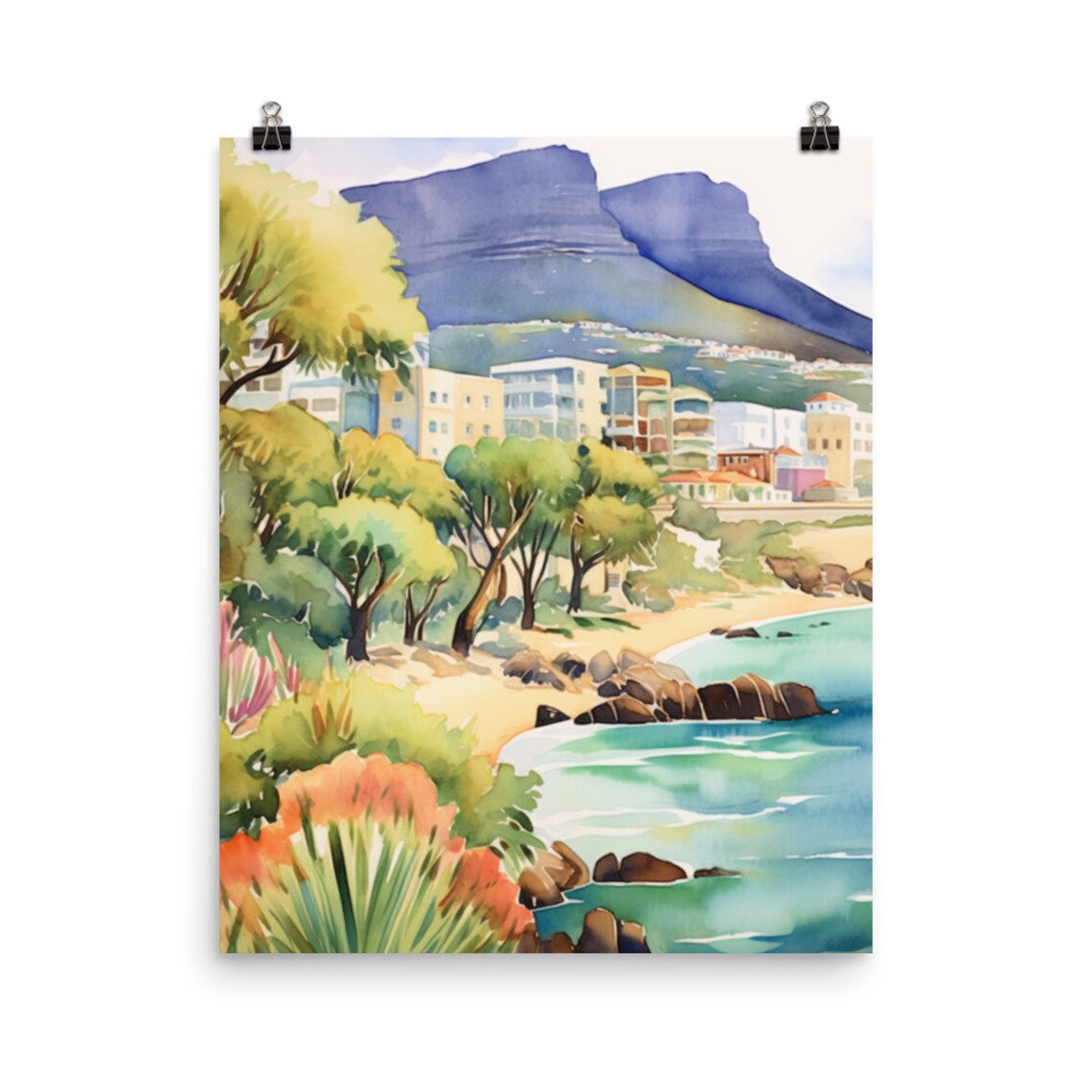 Cape Town Watercolor Print, Table Mountain Travel Poster