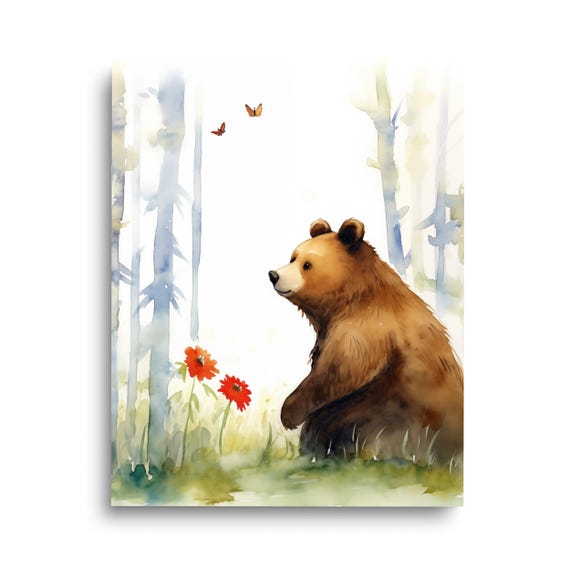 Cute Brown Bear Watercolor Print Wildlife Wall Art Animal Painting Nursery Outdoors Poster Nature Decor