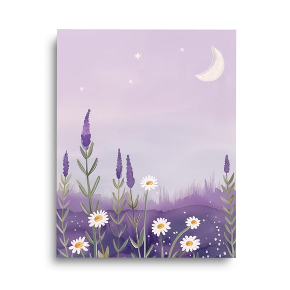 Lavender Wildflowers Watercolor Art Print, Crescent Moon