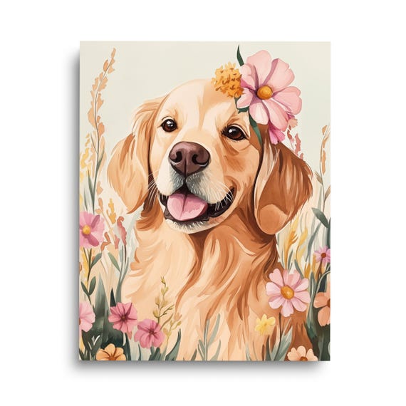 Golden Retriever Pet Portrait Print Dog Wall Art Pets Nursery Decor Canine Poster Floral Animal Artwork Gift Cute