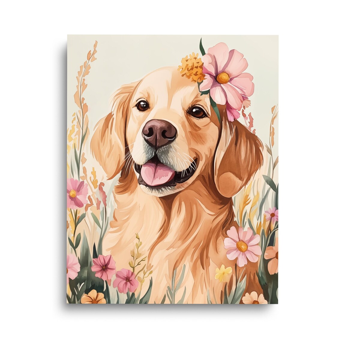 Smiling Golden Retriever Flower Crown Cute Happy Dog Portrait Poster