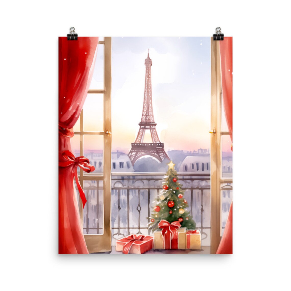 Christmas In Paris Watercolor Art Print, France Travel