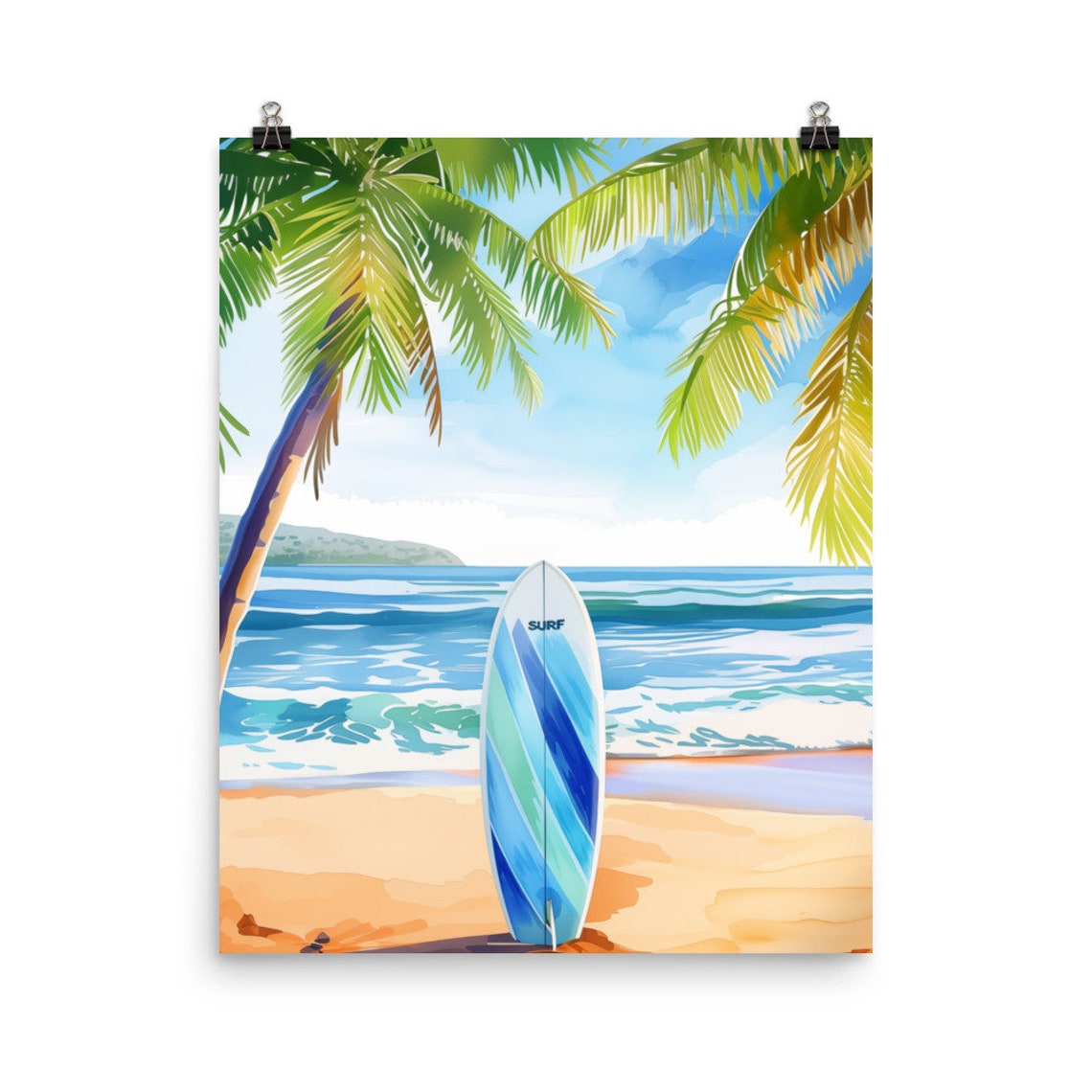 Surfboard on Tropical Beach Palm Trees Watercolor Surf Art Poster